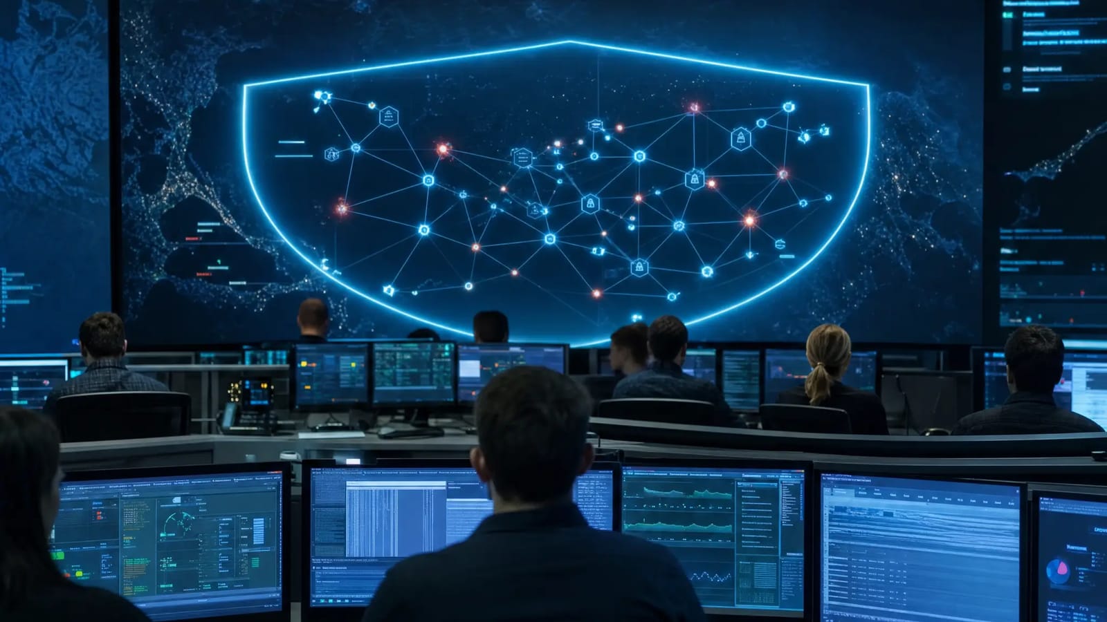 AI-generated illustration of a secure network operations room with a glowing shield perimeter display