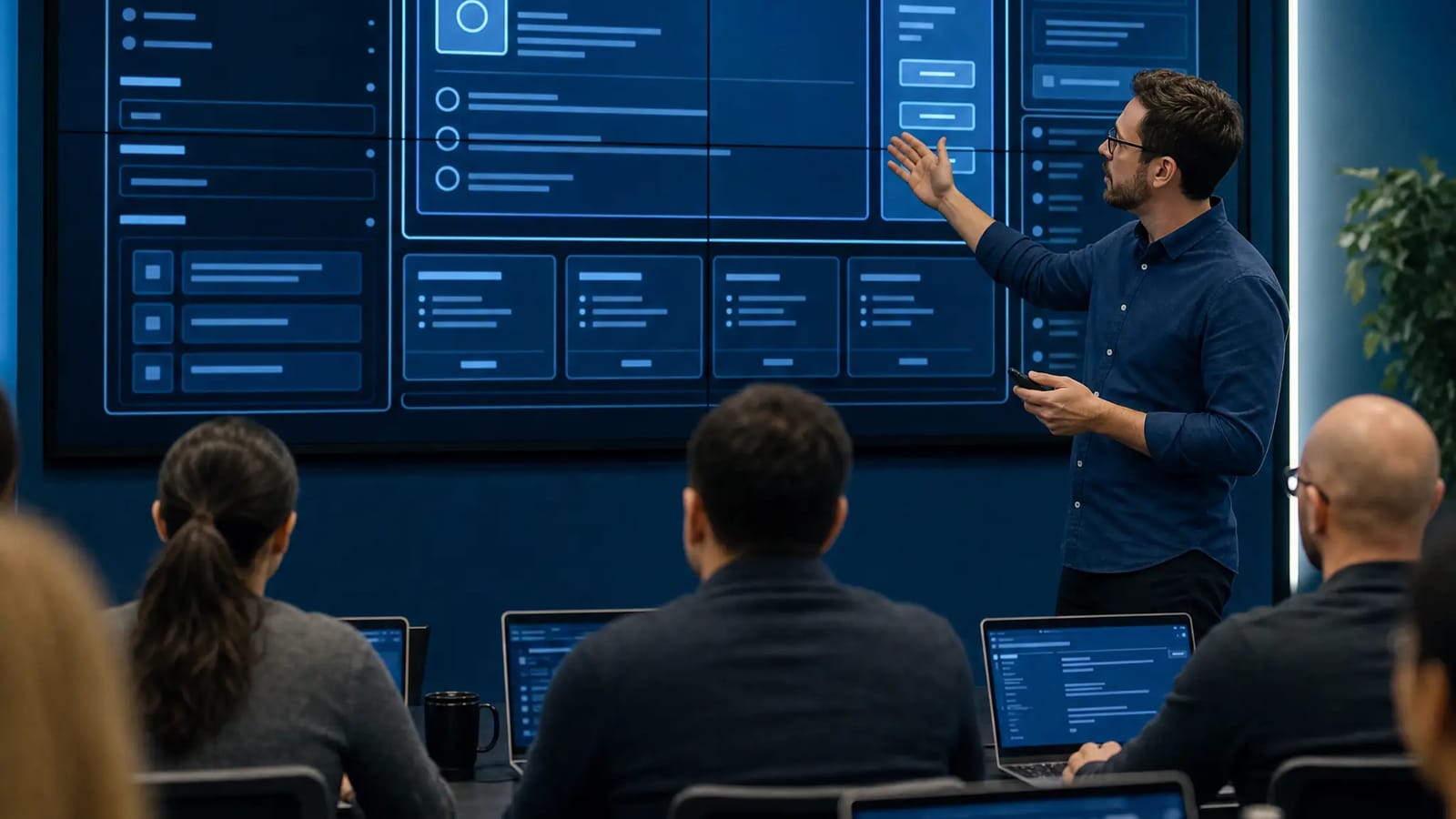 AI-generated illustration of a hands-on enterprise training session with an instructor at a large screen