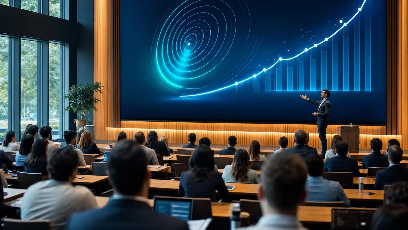 AI-generated illustration of a modern corporate learning academy with a glowing skill graph