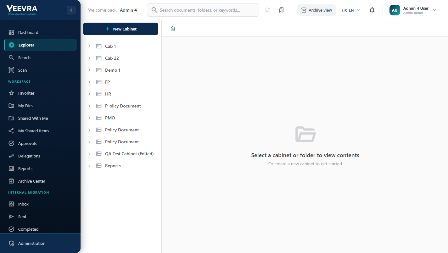 Document explorer with cabinet and folder navigation