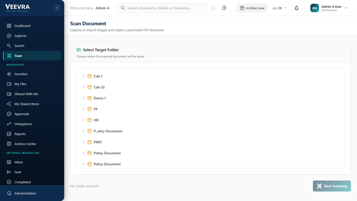 Scan to searchable PDF with target cabinet selection