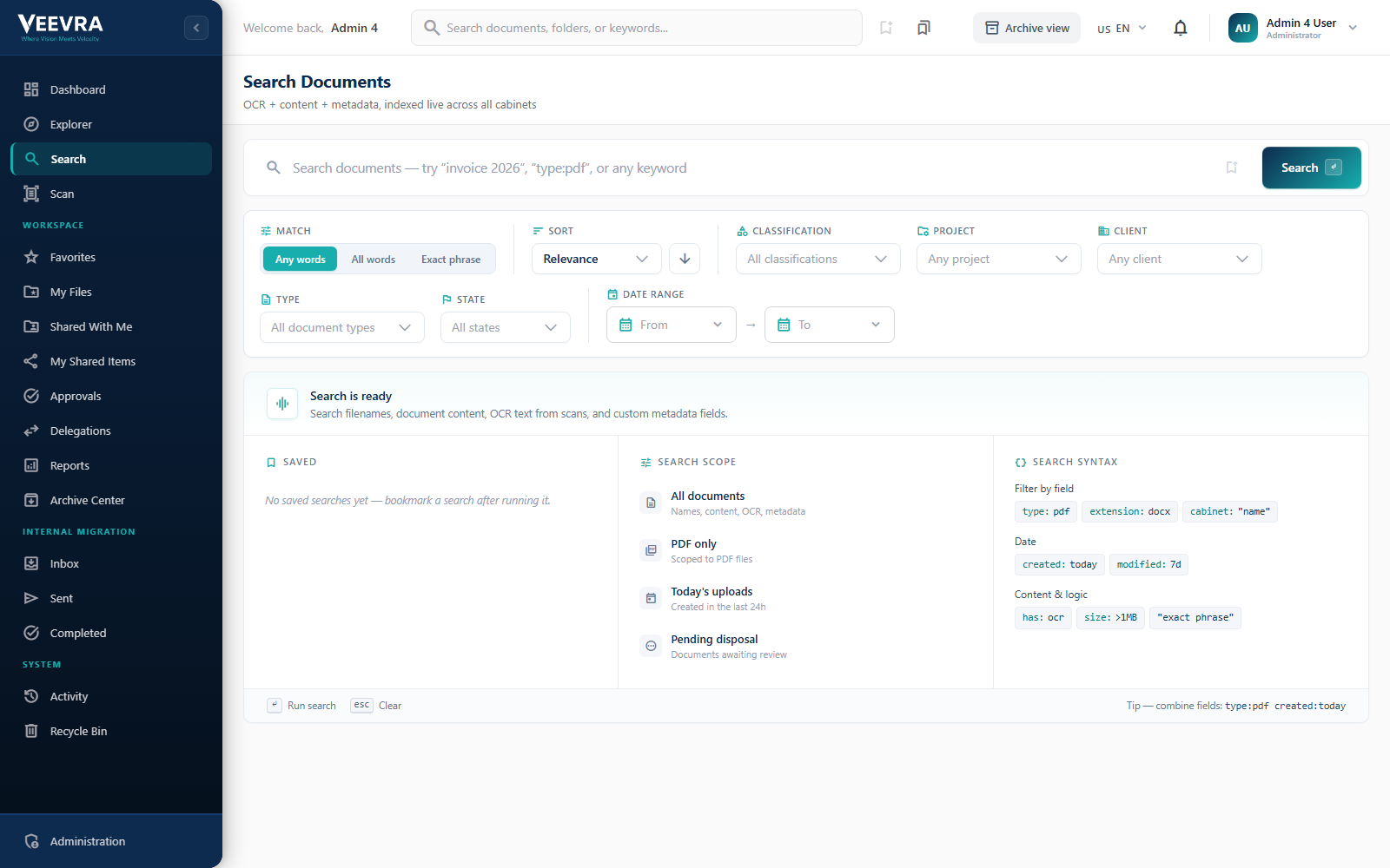 Veevra Docs search: OCR, content and metadata search across all cabinets with filters and saved searches