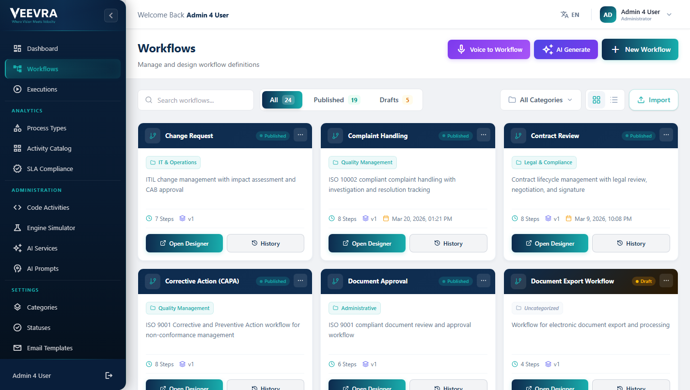 The Veevra V-Flow workflow designer: a drag-and-drop BPMN canvas with a node palette and properties panel