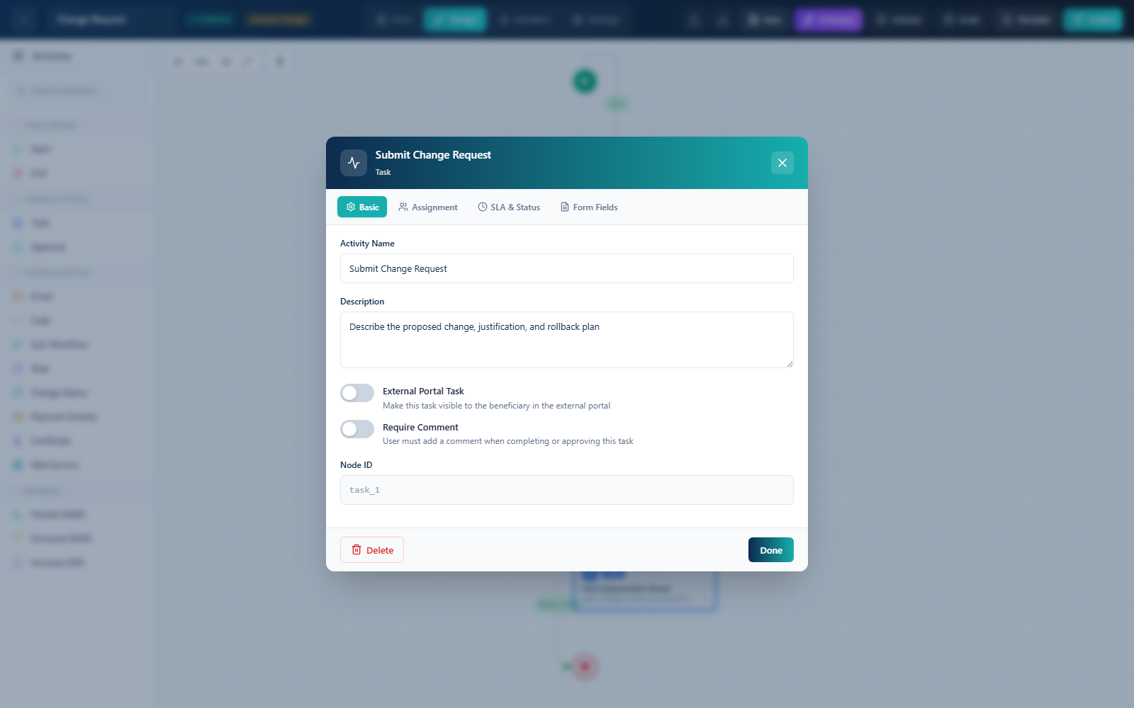 Flow node properties: Basic, Assignment, SLA and Form Fields tabs for a Submit Change Request task