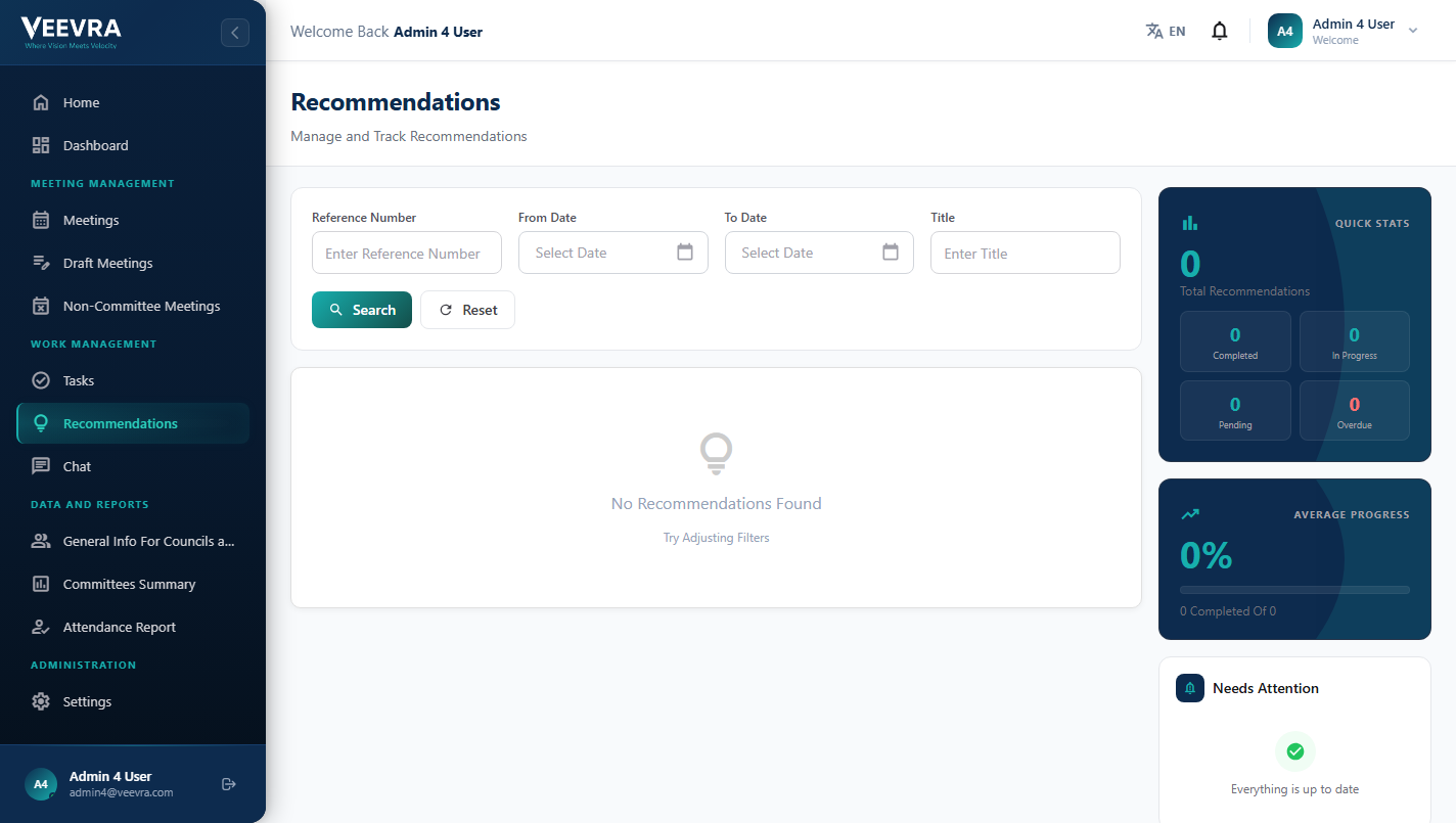 Recommendations tracking with progress and needs-attention