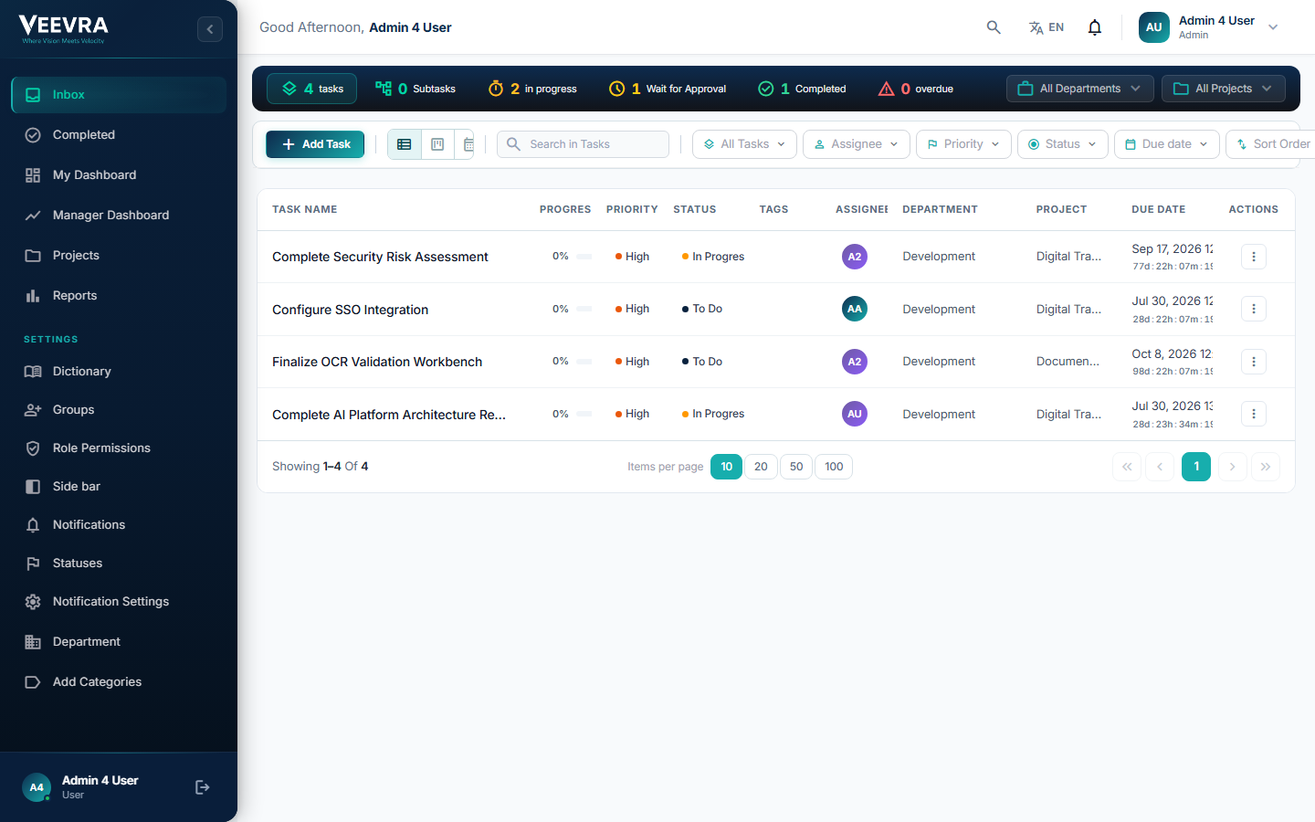 The Veevra Tasks inbox: every task with progress, priority, status, tags, assignees, department, project and due date