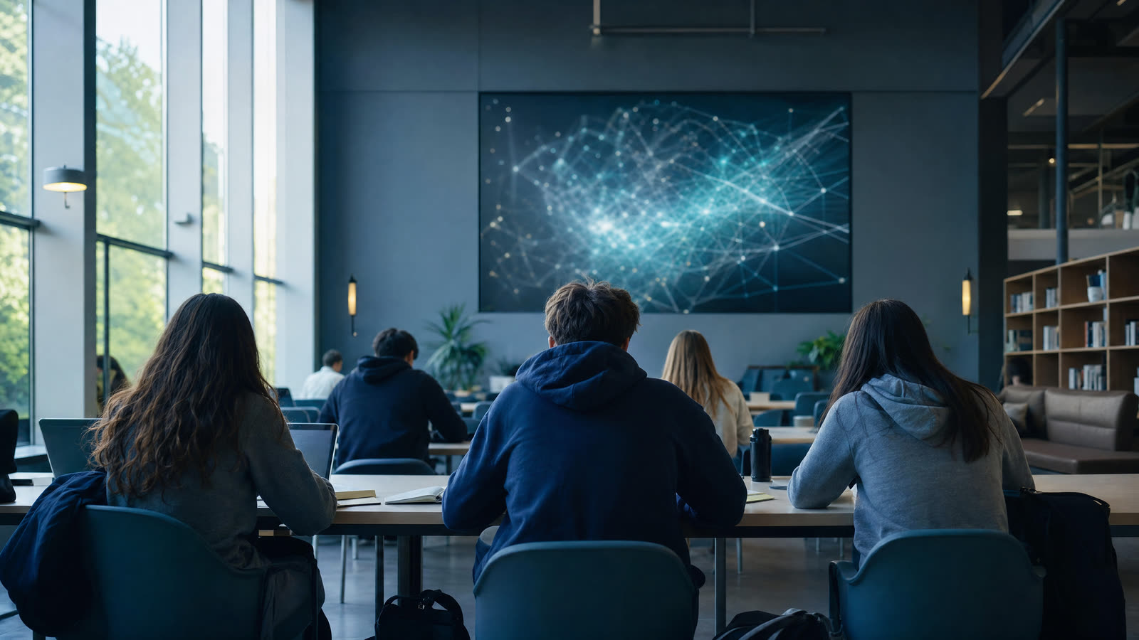 AI-generated illustration of students in a university learning commons