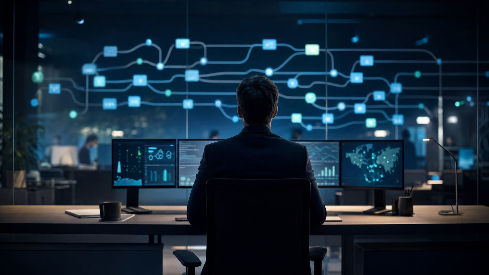 AI-generated illustration of an operations center monitoring an automated process flow