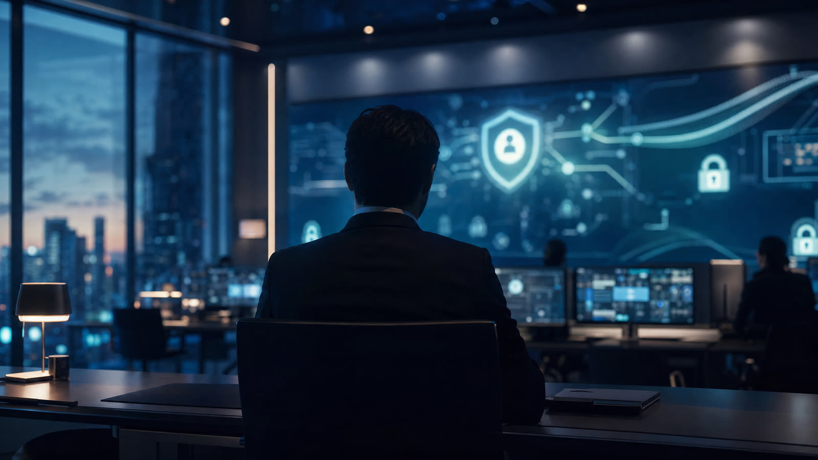 AI-generated illustration of a secure operations space with identity and access visualizations